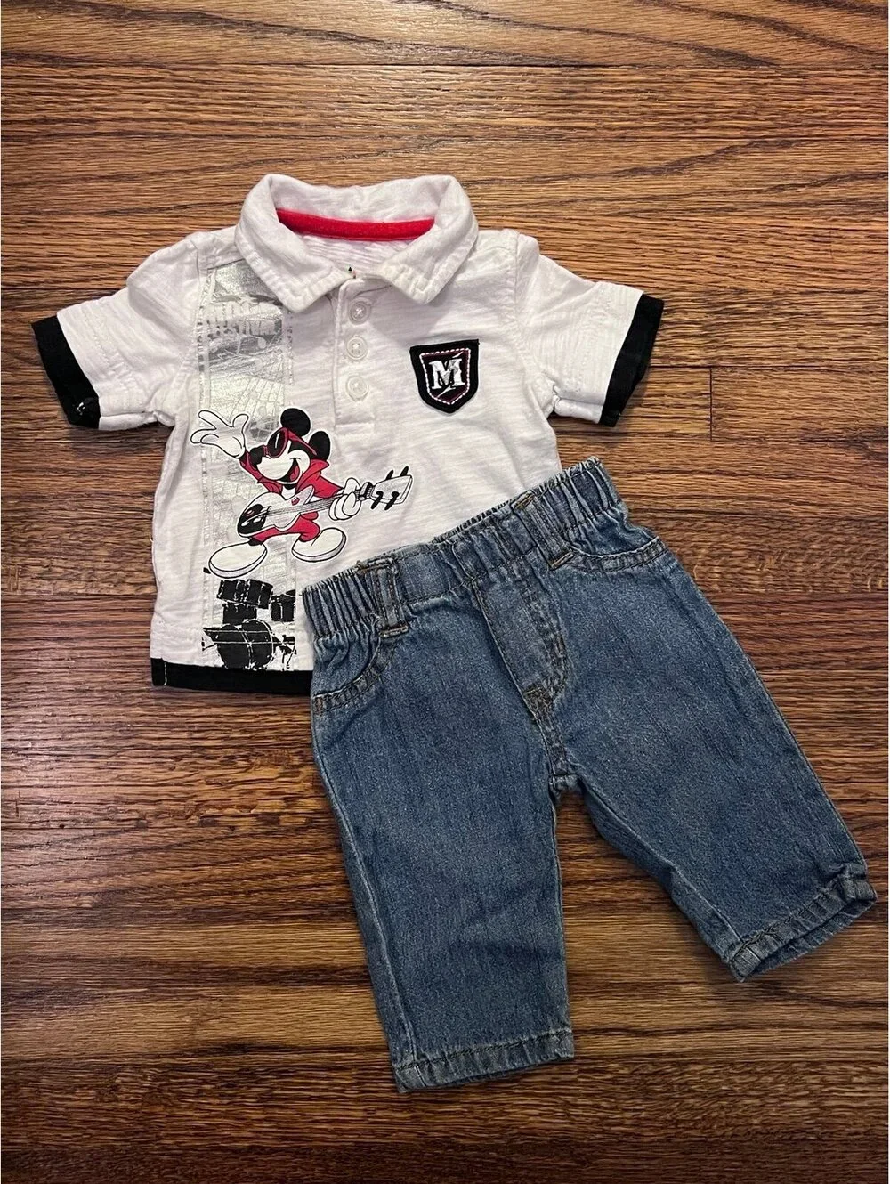 Disney Newborn Mickey Mouse Polo Shirt + Jeans Baby Boy Outfit Set (Size NB)